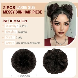 Qunlinta 2 PCS Large Messy Bun Hair Piece, Thick Wavy Curly Hair Bun Scrunchies Extensions Synthetic Chignon Updo Hairpieces for Women Girls Dark Brown