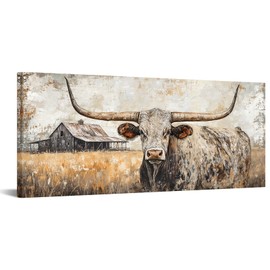 Artmyharbor Rustic Longhorn Bull Canvas Wall Art Large Western Ranch Decor Farmhouse Barn Landscape Picture 20 x 48 inches