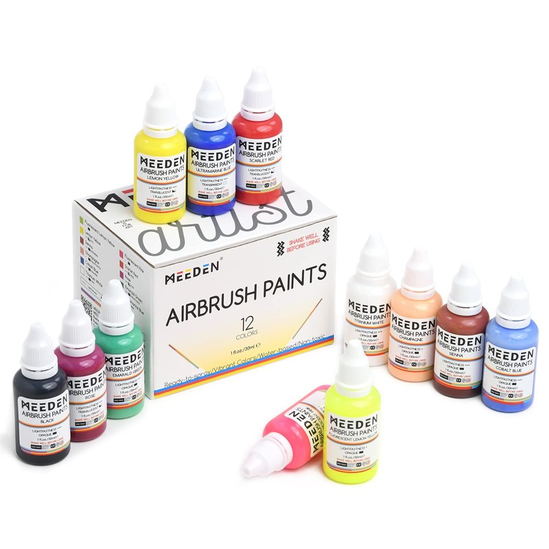 MEEDEN Airbrush Kit with Air Compressor, 12 Colors Acrylic Paint,