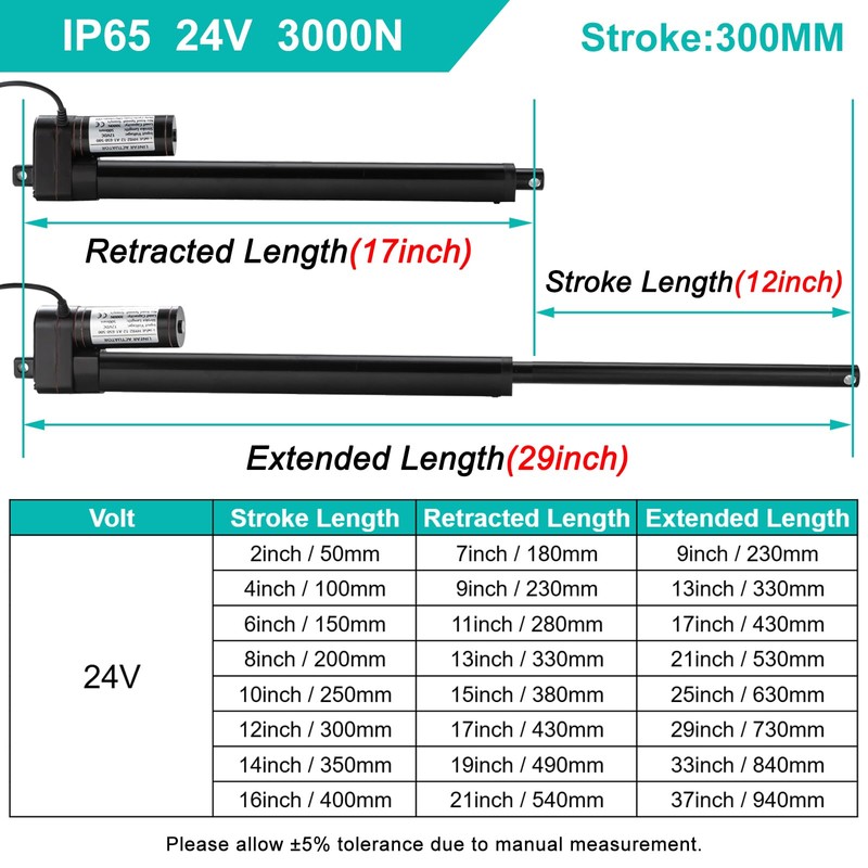 JQDML 24V 12 Inch Stroke Linear Actuator Heavy Duty 660lbs/3000N