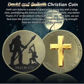 David and Goliath Christian Challenge Coin - Gold Cross Psalm 27:1 Jesus Religious Token - Art God Pocket Bible Verses Coins for Study - Good Luck Commemorative Gifts for Men Women Kids
