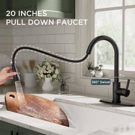QFN Black Kitchen Faucet with Pull Down Sprayer, High Arc Single Handle Single Level Stainless Steel Pull Out Sink Faucet for Farmouse Camper RV Bar, Fit for 1 or 3 Hole