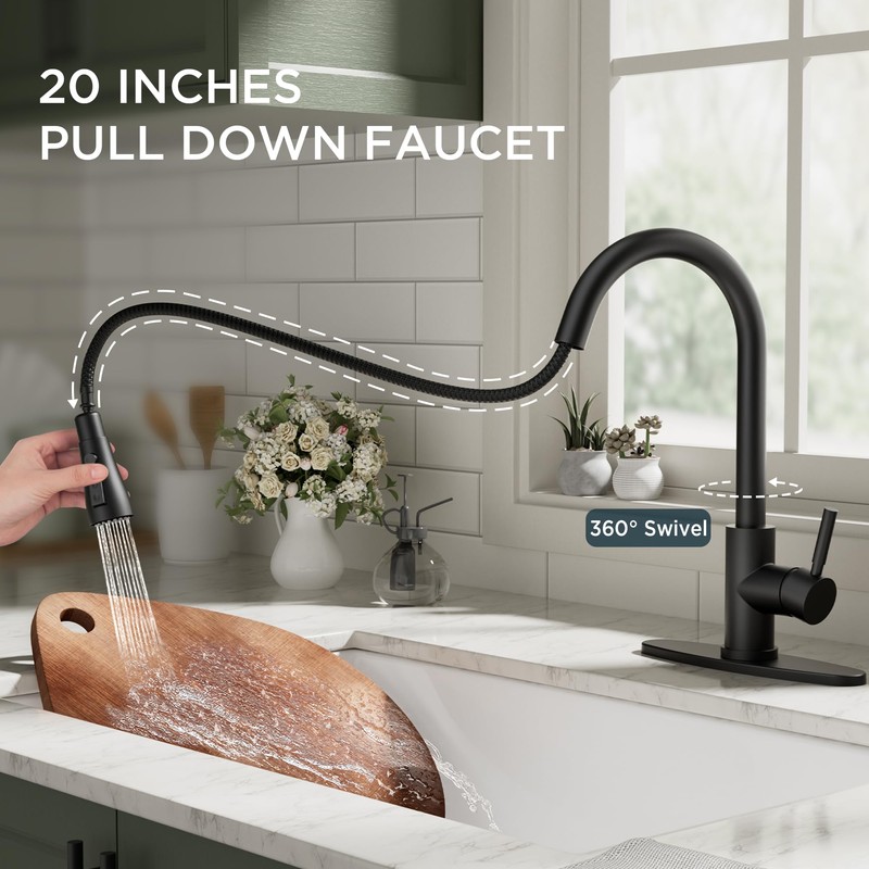 QFN Black Kitchen Faucet with Pull Down Sprayer, High Arc