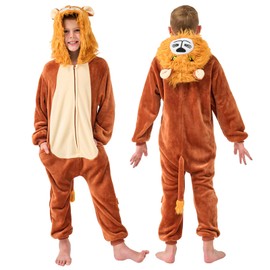 YLLSOPHAN Boys Girls Animal Pattern Lion Bear Panda Bunny Bull Gorilla Dinosaur Crocodile Onesie Pyjamas Outfit Sleepsuit Soft Fleece Extra Large Thickness (UK, Age, 11 Years, 12 Years, Lion)