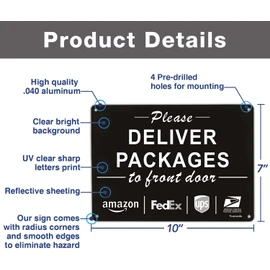 Please Deliver Packages to Front Door Sign, Yuntarda 10”x7” Rust Free 40Mil Aluminum UV Printed Metal Reflective Sign Easy to Mount No Fading Outdoor Use