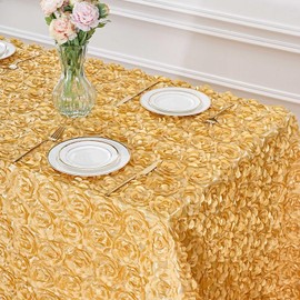 B-COOL Rosette Wedding Tablecloth Light Gold 90x132 Inch 3D Floral Rectangle Table Cloth Birthday Tablecloths for Outdoor Romantic Holiday Party Table Decorations