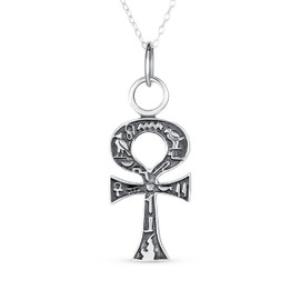Bling Jewelry Unisex Religious Egyptian Hieroglyphs Key To Life Egyptian Ankh Cross Pendant Necklace For Women Men Oxidized .925 Sterling Silver