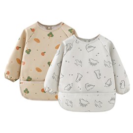atnayo 2 Pcs Baby Long Weaning Bibs with sleeves, Skin-friendly Easy to Wipe Waterproof Bib for Baby Infant Toddlers Weaning