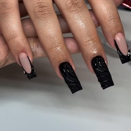 24Pcs Black Coffin Press on Nails Long Fake Nails Matte Full Cover False Nails with 3D Design Goth Nails Press ons French Tip Nail Art Design Reusable Stick on Nails for Women Artificial Acrylic Nails