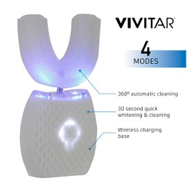 Vivitar Whitening Toothbrush, Ultrasonic U-Shaped Electric Toothbrush for Adults, Automatic, Rechargeable, Washable, and Perfect for Travel and Home Use with 360° Whole Mouth Cleaning, 4 Modes, White