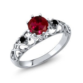Gem Stone King 925 Sterling Silver Red Created Ruby and Black Diamond Ring For Women (1.11 Cttw, Round 6MM, Available in size 5, 6, 7, 8, 9)