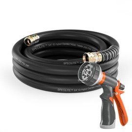 SPECILITE Garden Water Hose 25 ft x 3/4 in Heavy Duty, Flexible and Lightweight, Burst 600 psi, Kink-less Hybrid Rubber Pipe for Backyard, 3/4'' Brass Fittings, Black
