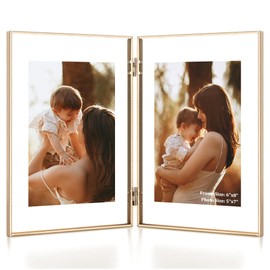 RICHFOCUS 6x8 Double Floating Picture Frame, Floating Display for 4x6 5x7, Hinged Folding Beaded Metal Picture Frames with Real Glass, Tabletop Photo Frame for Multiple Size, for Home Decor, Gold