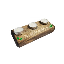 Holiday Sayings (Funny & Festive) Home Decor, 3 Tea Light Candle Holder, Deep Green Stained Wood (Espresso Brown, The Elf is Watching)