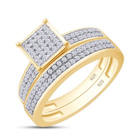 SAVEARTH DIAMONDS 0.58 Carat (ctw) Round White Lab Created Moissanite Diamond Men's & Women's Micro Pave Engagement Ring Trio Bridal Set In 14K Yellow Gold Over Sterling Silver Size Women-7/Men-13