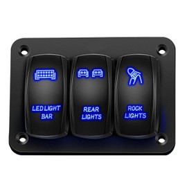 3 Gang Rocker Switch Panel Aluminum Pre-Wired Toggle Dash 5 Pin On/Off Switch Panel Waterproof for 12V/24V Automotive Marine Boat RV Truck, Car Light Switches with Dual Pattern Blue LED Indicators