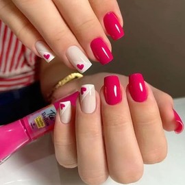 Valentines Day Press on Nails Short Square Fake Nails Glossy Full Cover False Nails with Heart Designs French Tip Glue on Nails Valentine Acrylic Artificial Nails for Women and Girls 24Pcs