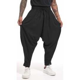 perdontoo Mens Harem Pants Loose Fit Elastic Waist Drawstring Aladdin Hippie Trousers (38, Black)