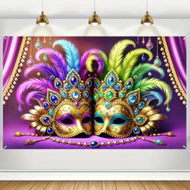 BlissYard Mardi Gras Banner Mardi Gras Yard Sign Banner Party Backdrop Banner Decoration 71x43 Inch Feathered Mask Design Mardi Gras Outdoor Decorations for Carnival Party Décor