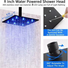 BWE Black Shower Faucet Set 8" LED Rainfall Shower Head Combo Kit with Mixing Valve