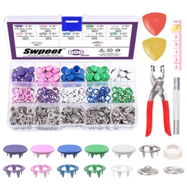 Swpeet 150Sets - 607Pcs 3/8" 2 Styles 5 Colors Solid and Hollow 5 Prong Metal Snaps Buttons with Snap Fasteners Tool Fastener Pliers and Tailor's Chalk Assortment Kit, Snap on Buttons for DIY Craft