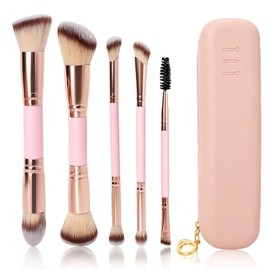 Juego de 5 Brochas de Maquillaje, Brochas de Maquillaje Portátiles, Alta Calidad Set de Brochas,Incluye Bolsa de Almacenamiento, para Sombra de Ojos, Iluminador, Contorno, Polvo y Corrector (Oro Rosa)