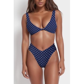 geluboao Two Piece High Waisted Bikini Swimsuits for Women Knot Front Push Up V Cut High Leg Swimwear Navy Polka Dot XL