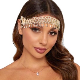 NAISKA Gold Crystal Rhinestone Headband 1920s Crystal Forehead Headpieces Pendant Jewelry Wedding Bridal Head Chain Headband Hair Pins Belly Dance Party Vintage Hair Accessories for Women and Girls