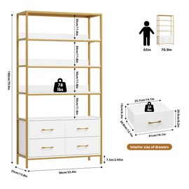 HITHOS 5 Tier Bookshelf with Drawers, 71" Tall Bookcase with Shelves, 35.4" Wide Free Standing Book Storage Shelf, Modern Wood Display Cabinet for Living Room, Study, Home Office, White Gold