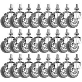 FactorDuty 2 Inch Grey Polyurethane Caster Wheels with Locking Brake, 3/8"-1.2" Threaded Stem, 65LB Capacity Each (Pack of 24)