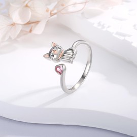 oGoodsunj Sterling Silver Cat Ring 925 Cute Cats Adjustable Pink Kitty Animal Jewelry Gift for Women Cats Lover
