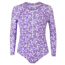 Hulaha Girls Floral One Piece Swimwear Zipper Rashguard Swimsuit Kids Long Sleeve UPF 50+ UV Sunsuit 6-7Years