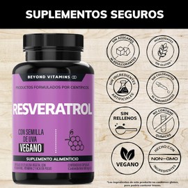 Trans-Resveratrol | 1160mg por Porción y con Pimienta Negra para mejor absorción, Vitamina C, Semilla de Uva y Acai | Fórmula alta en Polifenoles | 100% vegano (60 Cápsulas)