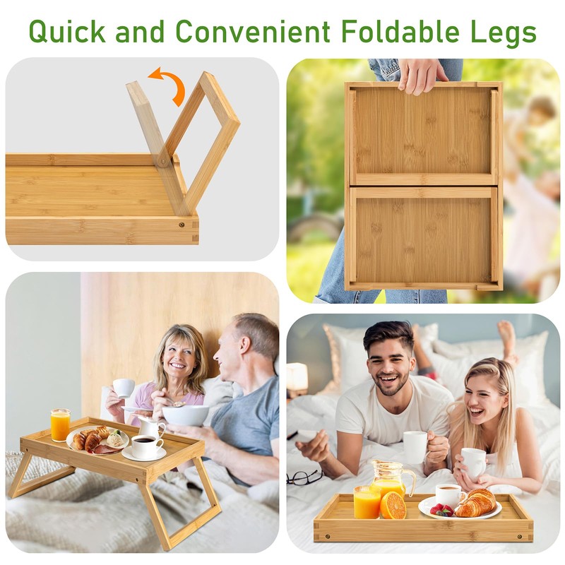 Kaukinye Bamboo Bed Tray Table with Foldable Legs, Breakfast Tray,