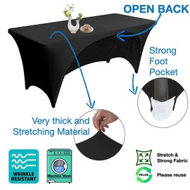 Urby Elastic Table Clothes for 6 Foot Rectangle Tables Fits 6ft Folding Tables Heavy Duty Stretchy Wrinkle Resistant Spandex (Black, Open Back 6FT)