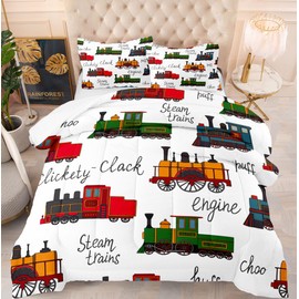 Yilinata Kids Comforter Set Retro Vintage Train Cute Vehicle Printed Pattern Quilt Bedding Set with 1 Comforter and 2 Pillow Covers for Boys Girls Teens Bedroom Dormroom All Season Full 80x90inches