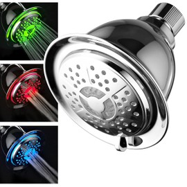 PowerSpa All Chrome 4-Setting LED Shower Head with Air Jet LED Turbo Pressure-Boost Nozzle Technology; 7 Colors of LED Lights Change Automatically Every Few Seconds