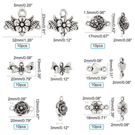 PandaHall 60pcs 6 Style Chandelier Component Charm Left Tibetan Alloy Connector Charms for Necklace Dangle Earring Making, Antique Silver Colour, Zinc