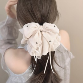 Rannyrena Large Chiffon Silk Hair Bow for Women Mesh Big Bows Hair Clips with Pearls Crystal Tulle Hair Barrettes Long Tail Bowknot Hair Accessories (Crystal White)