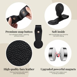 MUUPEG Magnetic Hat Clips for Travel on Bag, Magnetic Holder for Golf or Sun Hat, Baseball Cap, or Any Cap.Hands Free Bag Accessories (Leather, Black)