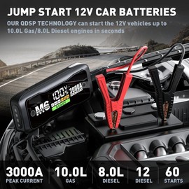 Mostool LED Screen Easy Read 3000A Peak Car Battery Jump Starter Battery Pack, Portable Jumper Box, Battery Booster Start, 12V Car Battery Charger and Jumper Cables for 10.0L Gas and 8.0L Diesel Engines