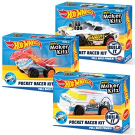 BLADEZ Hot Wheels Toyz Pocket Racer Maker Kitz 3 Pack - Build & Race Mini Cars - Pull-Back Motors for Turbo Performance & Easy Snap-Fit Assembly - Works on Hot Wheels Track - COLOURS WILL VARY