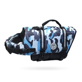 VIVAGLORY Rip Stop Dog Life Vest, Swimming Vest with Handle, Buoyancy for Doggy Puppy, Dog Life Jacket for Swimming & Boating, S, Camo Blue