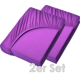 NatureMark Basic Set of 2 Jersey Fitted Sheets, 90 x 190 cm, 100 x 200 cm, 25 cm Bridge, 100 x 200 cm, 100% Cotton, Purple