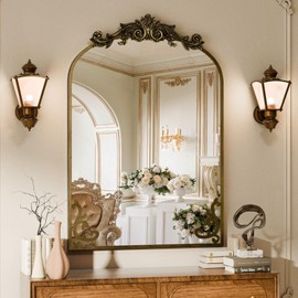 Koonmi Vintage Mirror, 24x36 Antique Barolon Mirror for Wall, Bronze Frame with Ornate Patterns, Detachable Flower Head, Shatter-Proof Tempered Glass Arched Decorative Mirrors for Bathroom