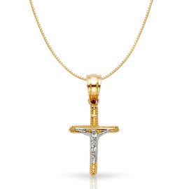 14K Two Tone Gold Jesus Crucifix Cross Religious Charm Pendant with 0.5mm Box Chain Necklace - 16"