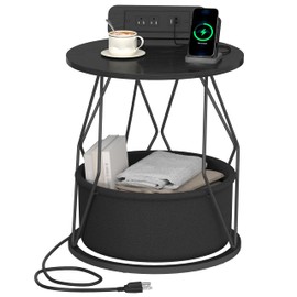Hzuaneri Side Table with Charging Station, Round End Table with Storage Basket, Small Nightstand, Bedside Table, for Living Room, Bedroom, Black ET55004B