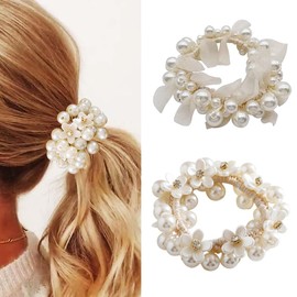 Pack of 2 Pearl Hair Bobbles Scrunchies for Women Elastic Thick Bands Soft Ropes Ponytail Holder Women Hair Accessories for Women Girls