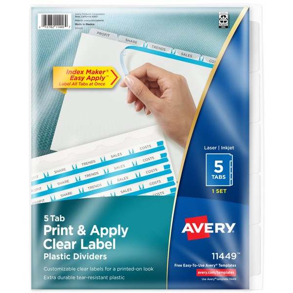 Avery Index Maker Label Dividers, Clear, 5-Tab Set, 1 Set