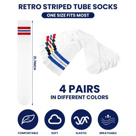 Shihanee 4 Pairs Striped Tube Socks for Men School Tube Socks Cotton Athletic Triple Stripe Knee High Sock Size 10-13(Combination Color)